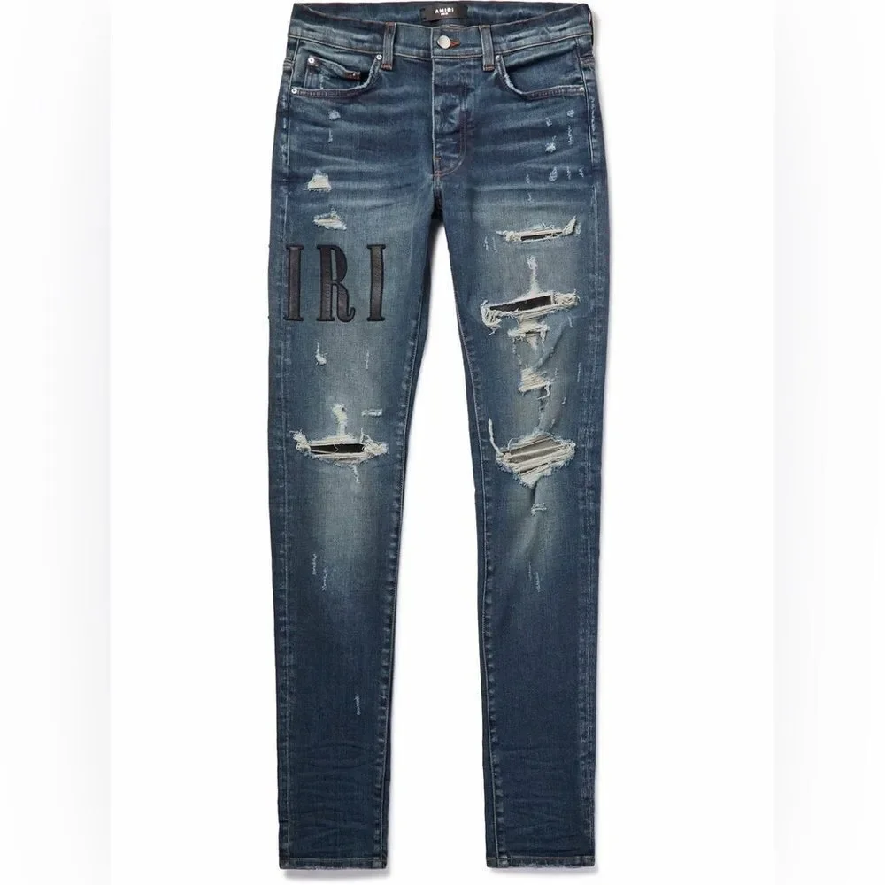 AMIRI Skinny-Fit Leather Appliquéd Distressed Jeans Blue/Black 32 NWT
